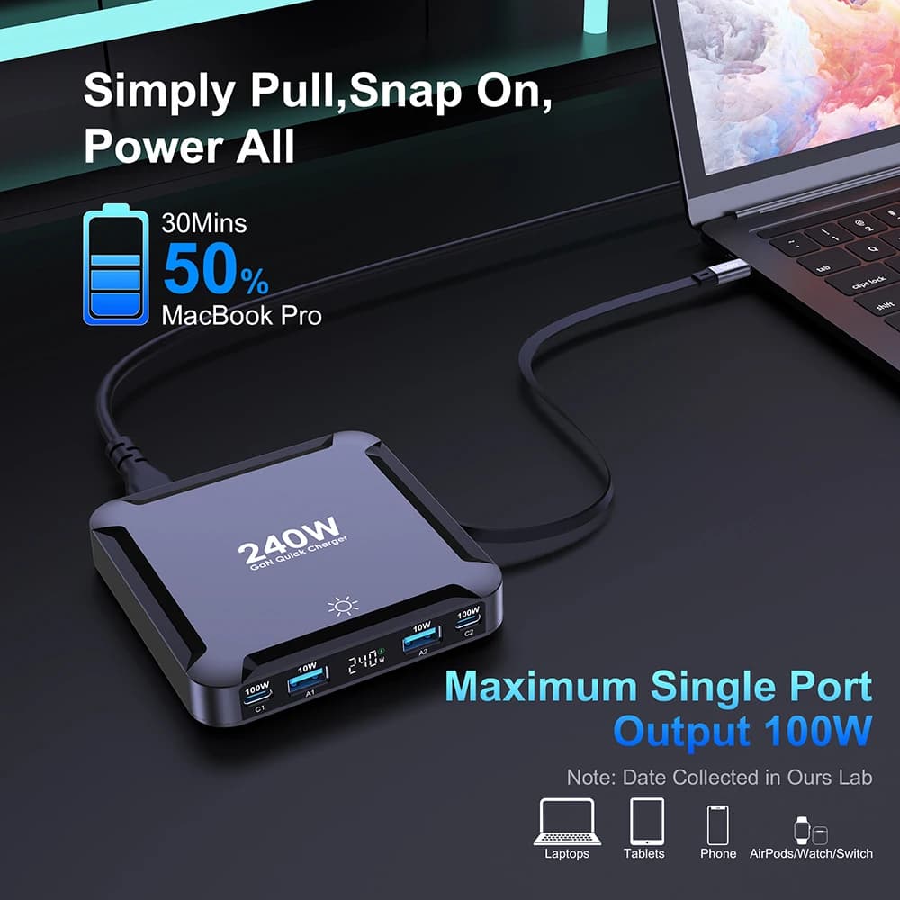 Ubigbuy 240W GaN Desktop Charging Station with Retractable Cable - image 5