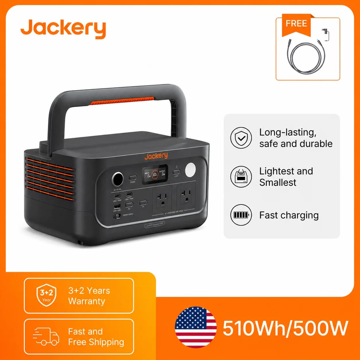 Jackery Explorer 500 v2 Portable Power Station with Extension Cord