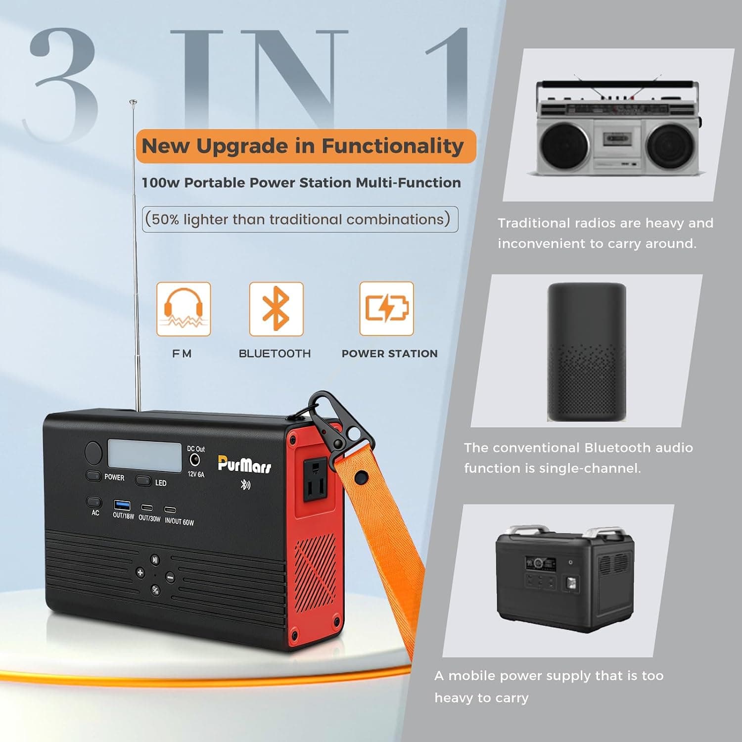 PurMars 92Wh Portable Power Station with Bluetooth Speaker - image 2