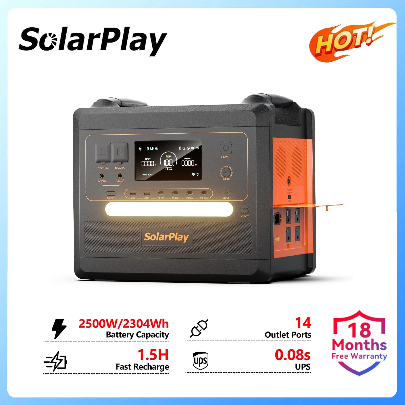 SolarPlay 2500W 2304Wh LiFePO4 Portable Power Station
