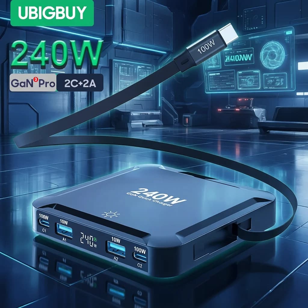 Ubigbuy 240W GaN Desktop Charging Station with Retractable Cable