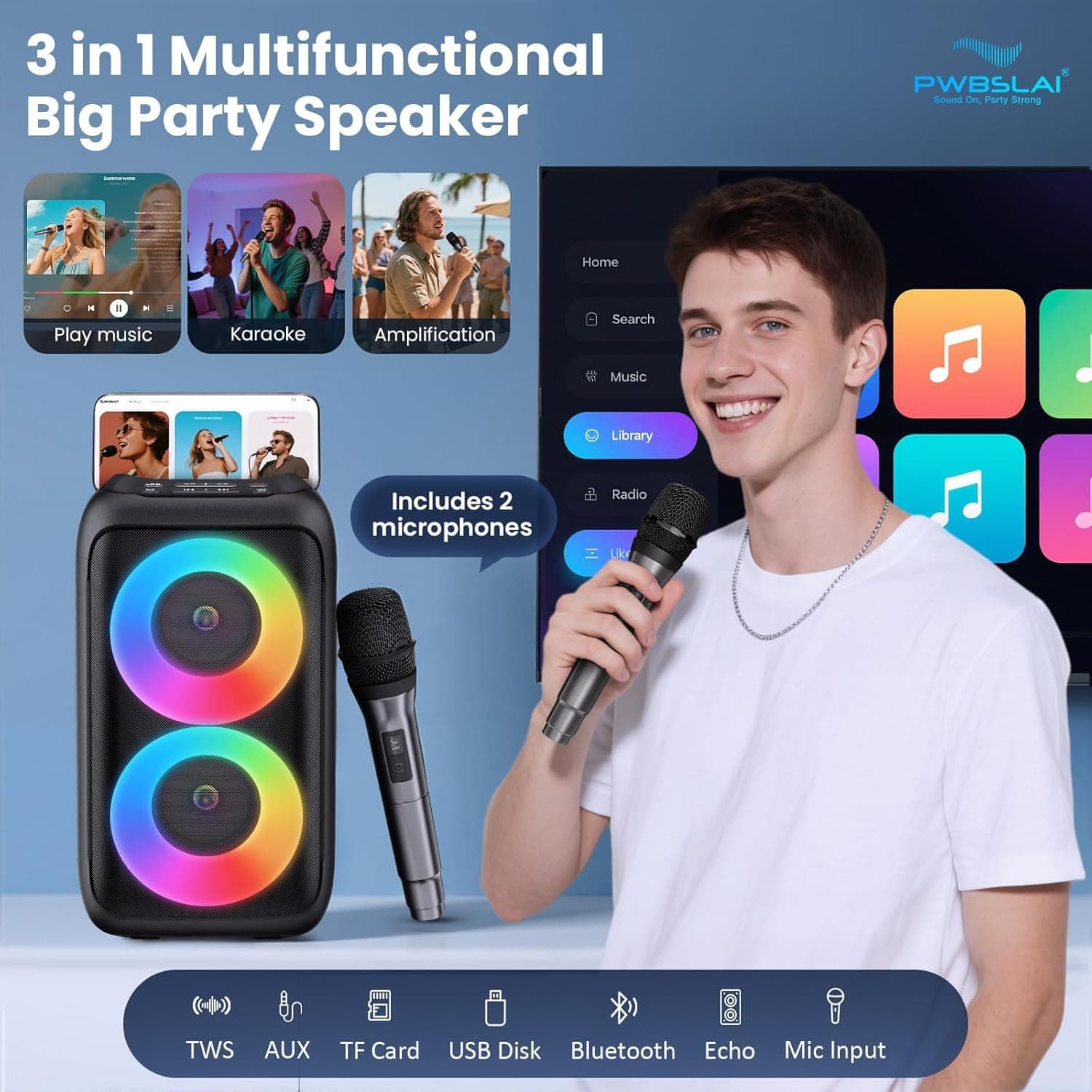 PWBSLAI Bluetooth Speaker with 2 Wireless Microphones - image 2