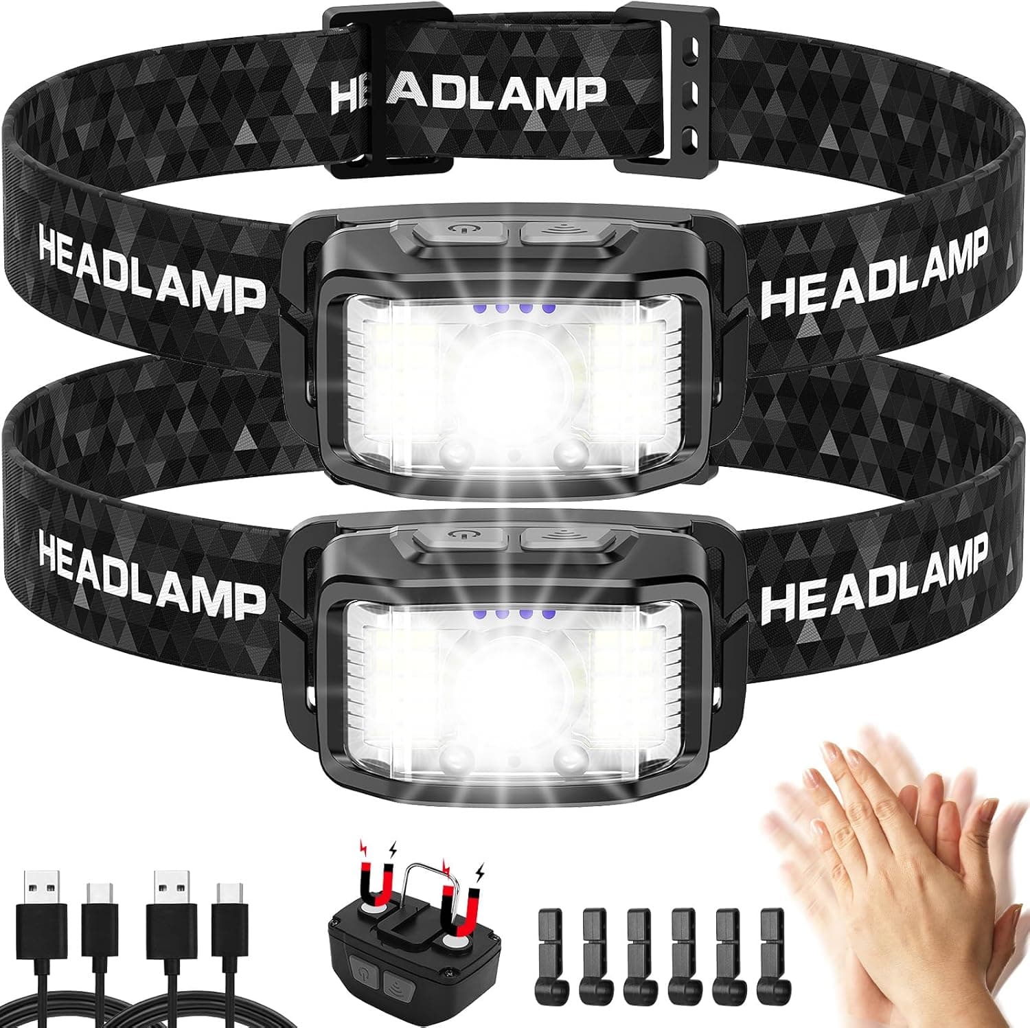 KIDECCE Rechargeable Headlamp - 2000 Lumens, 16 Modes, Waterproof (2 Pack)