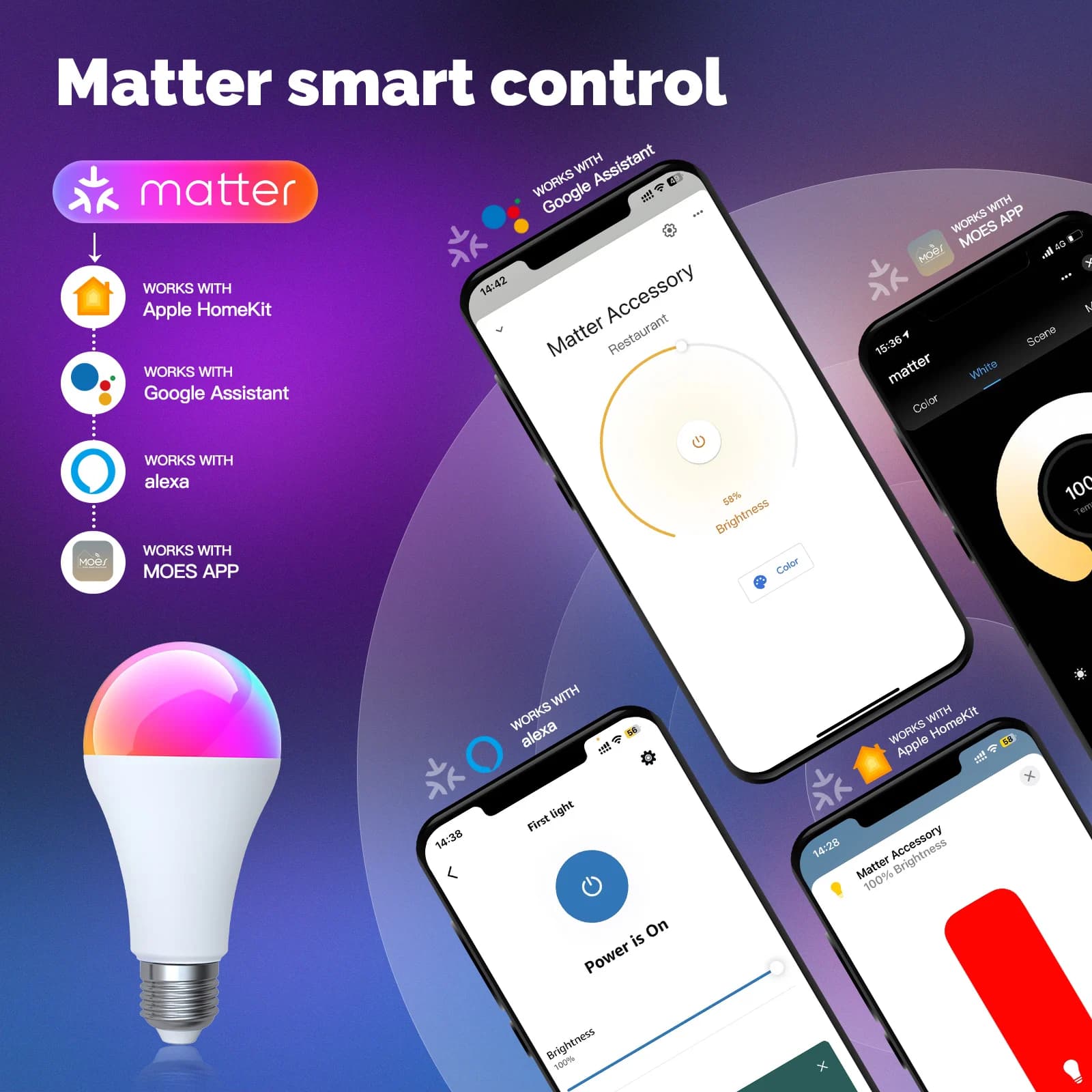 MATTER WIFI Smart LED Bulb Dimmable 14W RGB C+W E27 - image 2