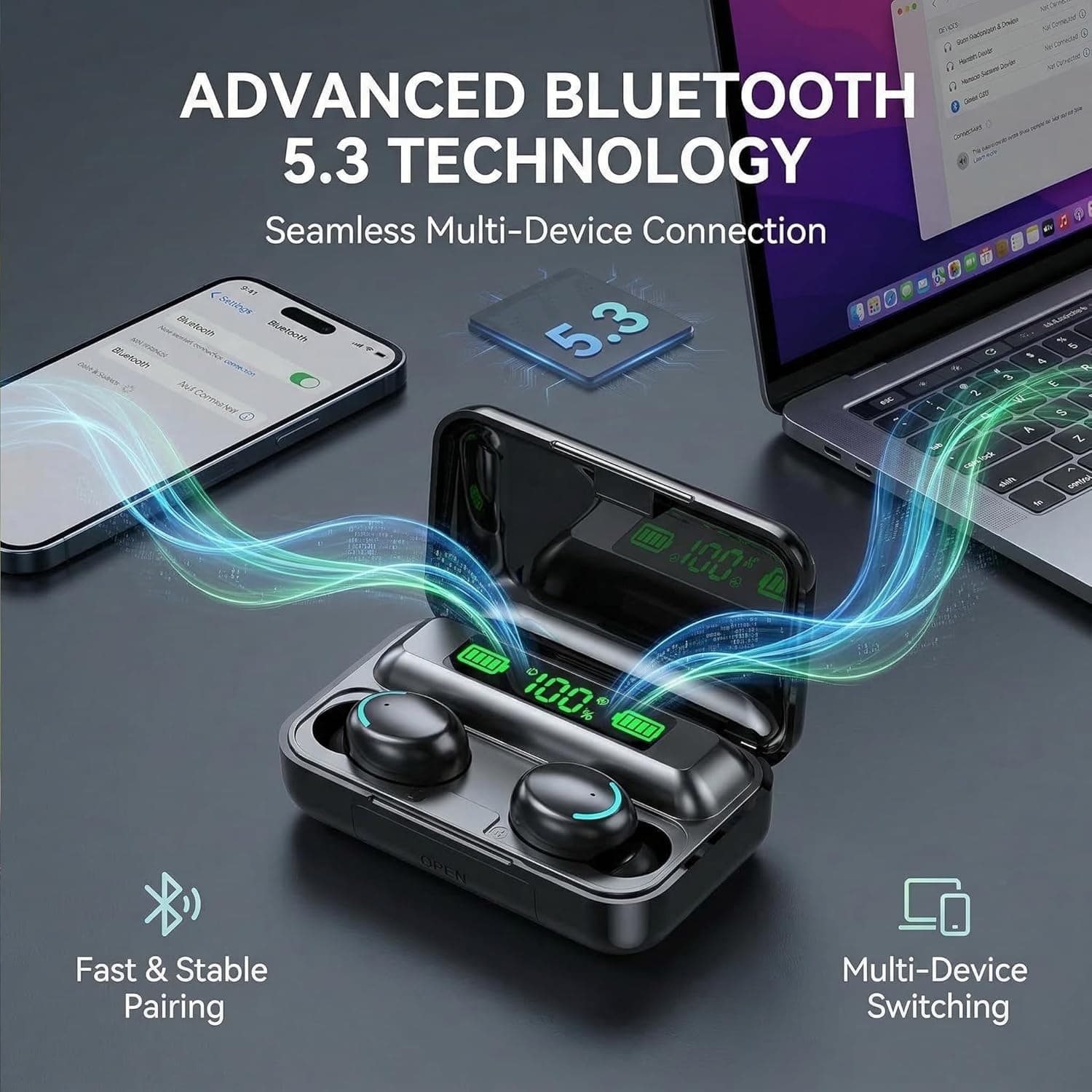 BSWLMDD Bluetooth 5.3 Wireless Earbuds with LED Case - image 5