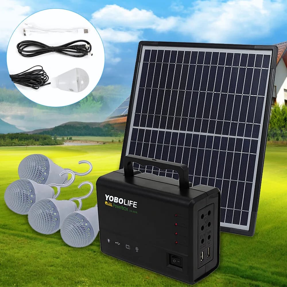 12V Portable Solar Generator Kit with 12W Panel & LED Bulbs