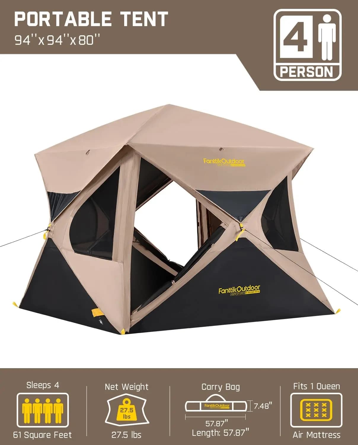 Portable 4 Person Pop Up Cabin Tent for Camping - image 3