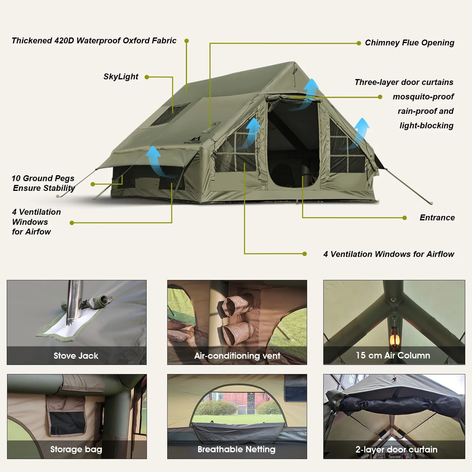 Army Green Inflatable Camping Tent for Families - image 2
