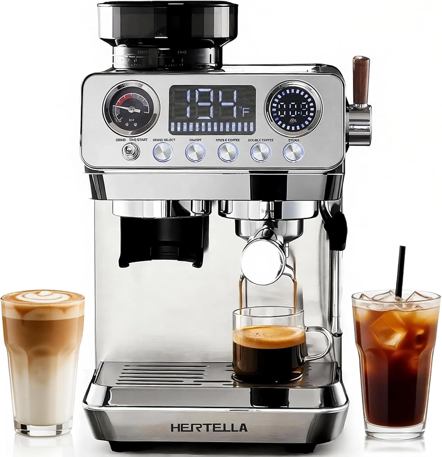 HERTELLA 20-Bar Espresso Machine with Built-in Grinder
