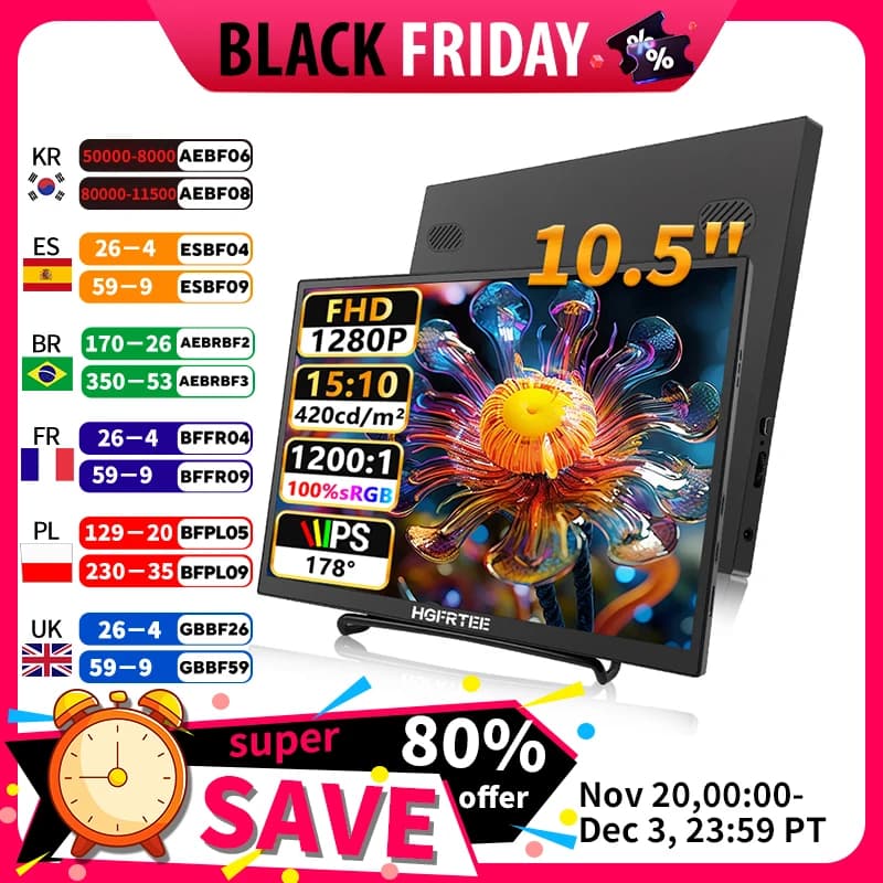 HGFRTEE Portable Monitor - 10.5 Inch 1280P Display