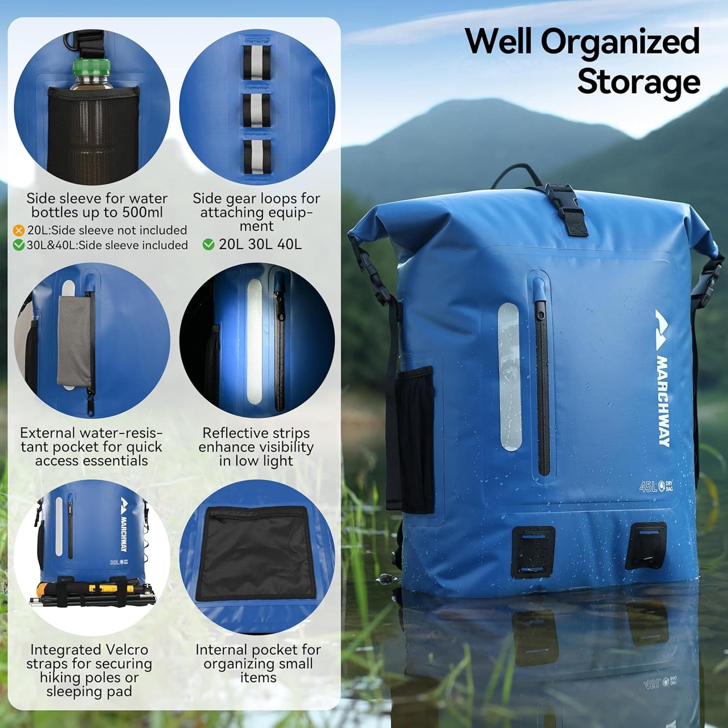 MARCHWAY Roll Top Waterproof Backpack - 20L Blue - image 2