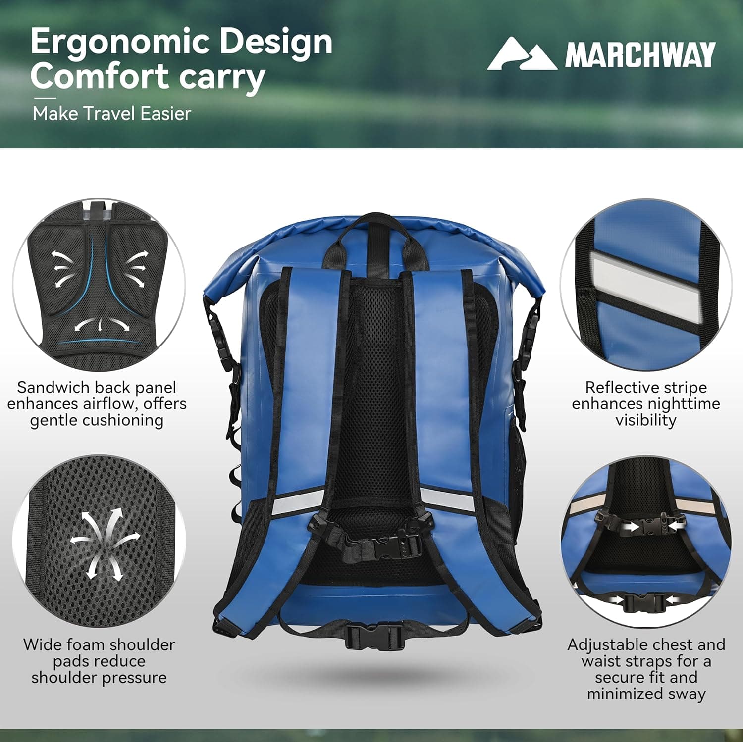 MARCHWAY Roll Top Waterproof Backpack - 20L Blue - image 3