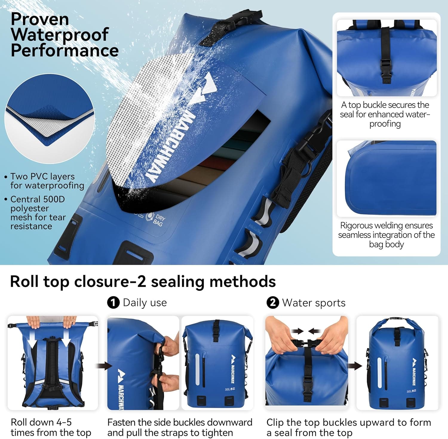 MARCHWAY Roll Top Waterproof Backpack - 20L Blue - image 4