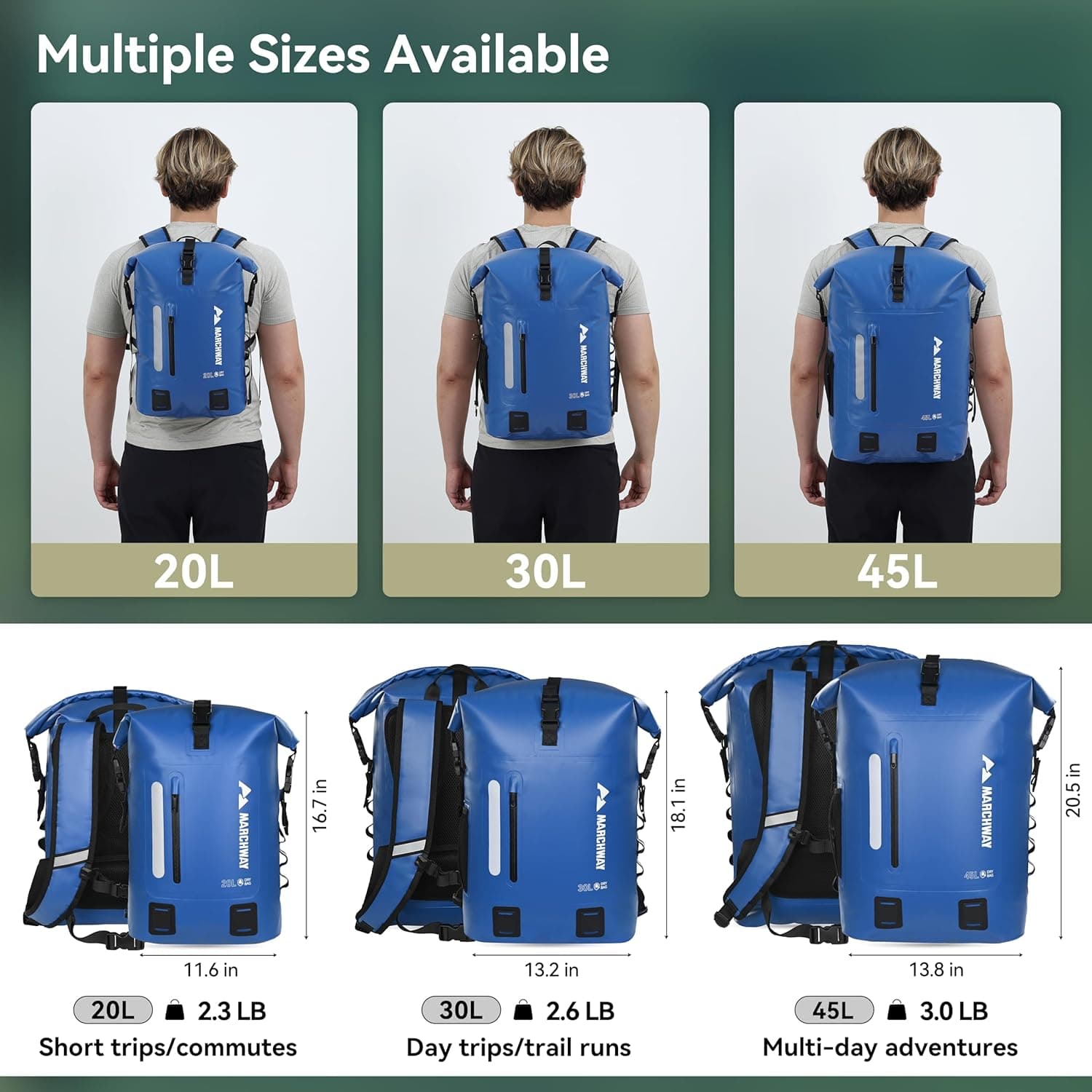 MARCHWAY Roll Top Waterproof Backpack - 20L Blue - image 5