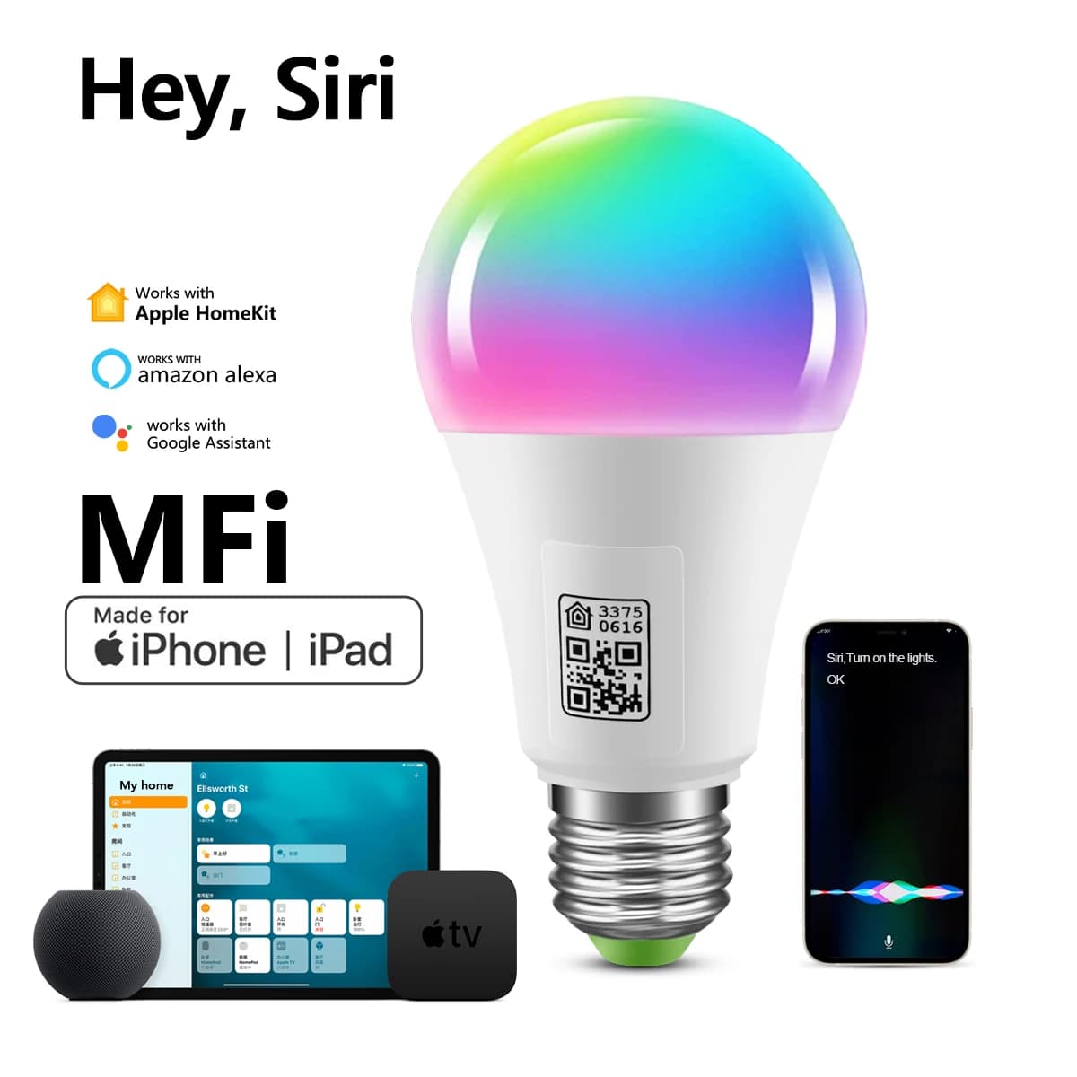 MFI Certified Smart Wifi Light Bulb E27 Multicolour