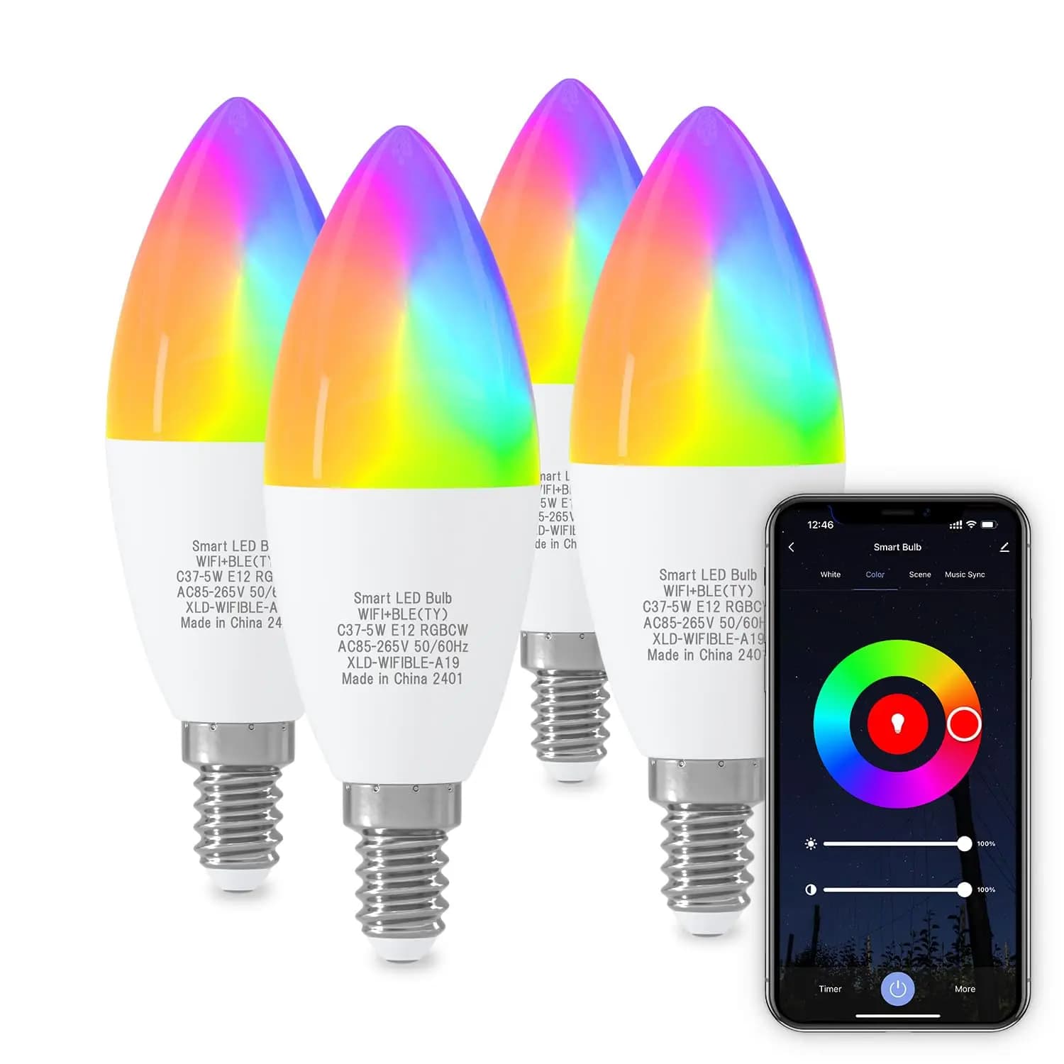 Smart Light Bulbs WiFi & Bluetooth E12 4-Pack